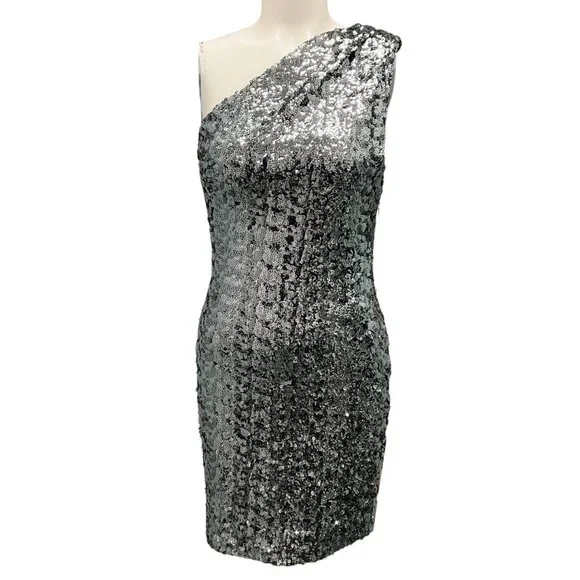 open lace back dress Mac Duggal Ombre Sequin Fringe Mesh One Shoulder Gown, Womens, 8, Gold Silver